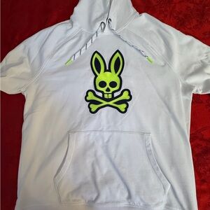 White Psycho Bunny Hoodie with Neon Green Bunny Skull Emblem